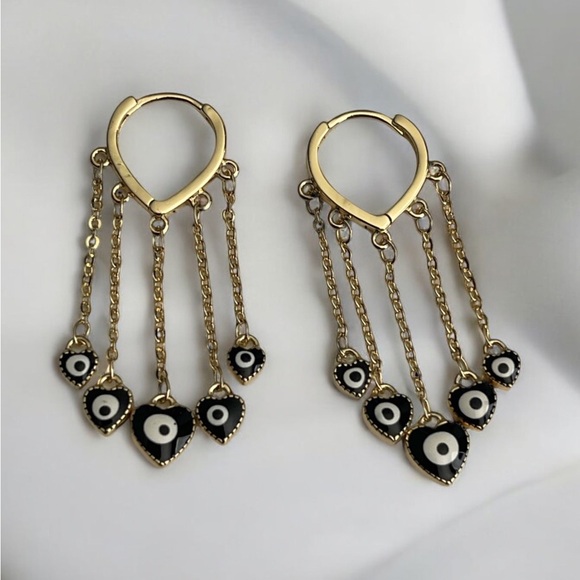 14k Gold Electroplated Black Heart Design Evil Eye Drop Earrings - Picture 3 of 3